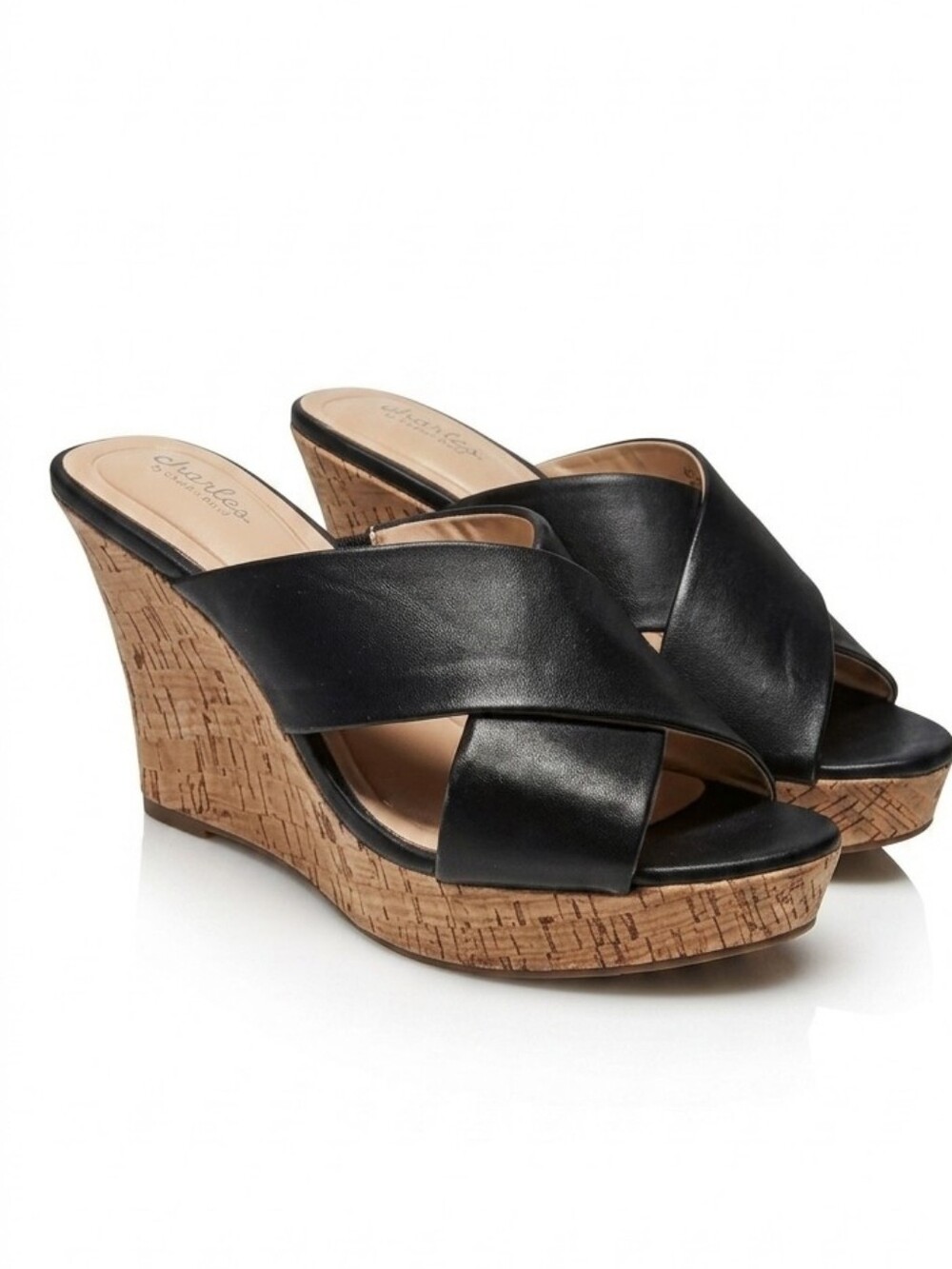 Charles by Charles David Latrice Cork Wedge Sandal Black Faux Leather Mule 8